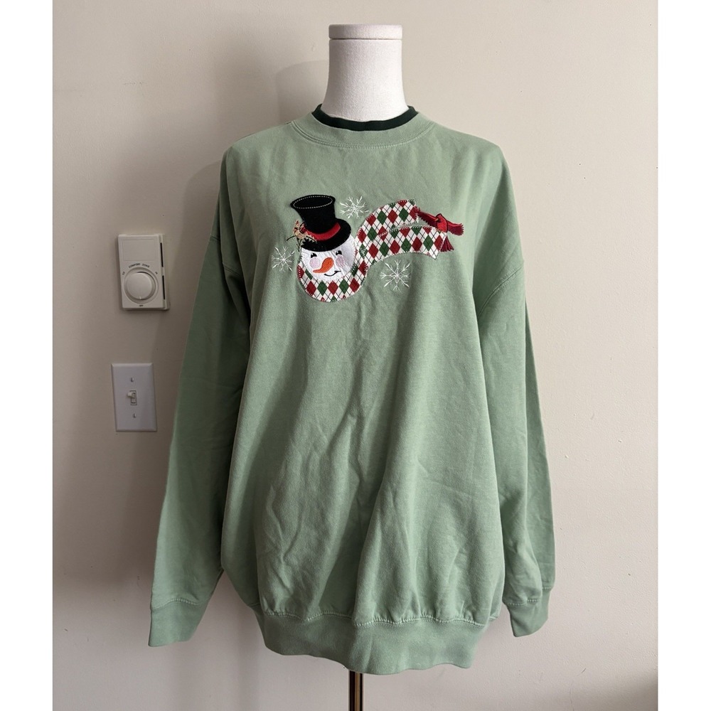 Vintage Grandmacore Snowman Holiday Christmas Sweatshirt Green 90s Y2K Cotton XL